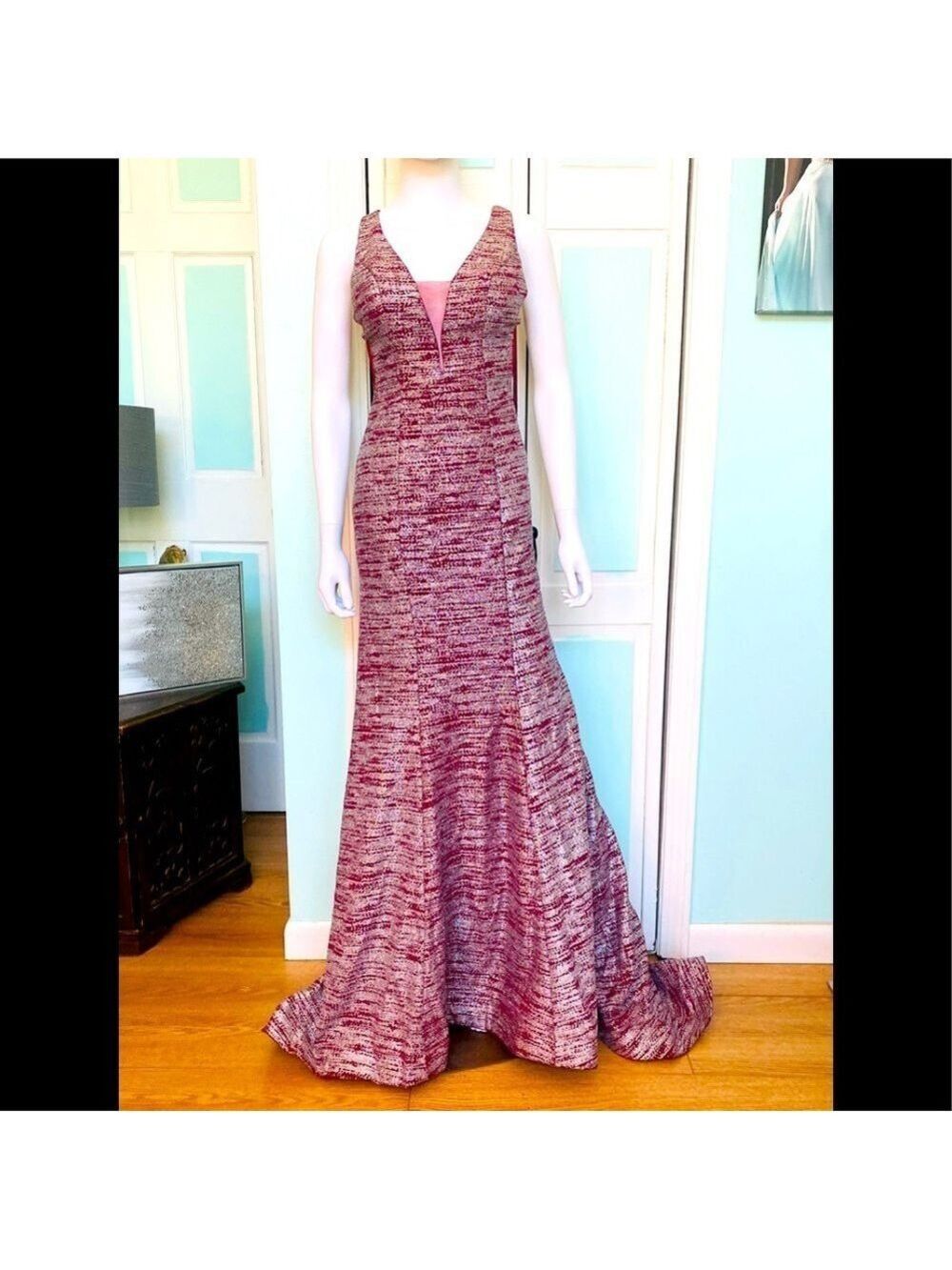 Size 4 Cranberry Glitter Fitted Bodycon Clarisse 3713 Prom Pageant Plunge NWT